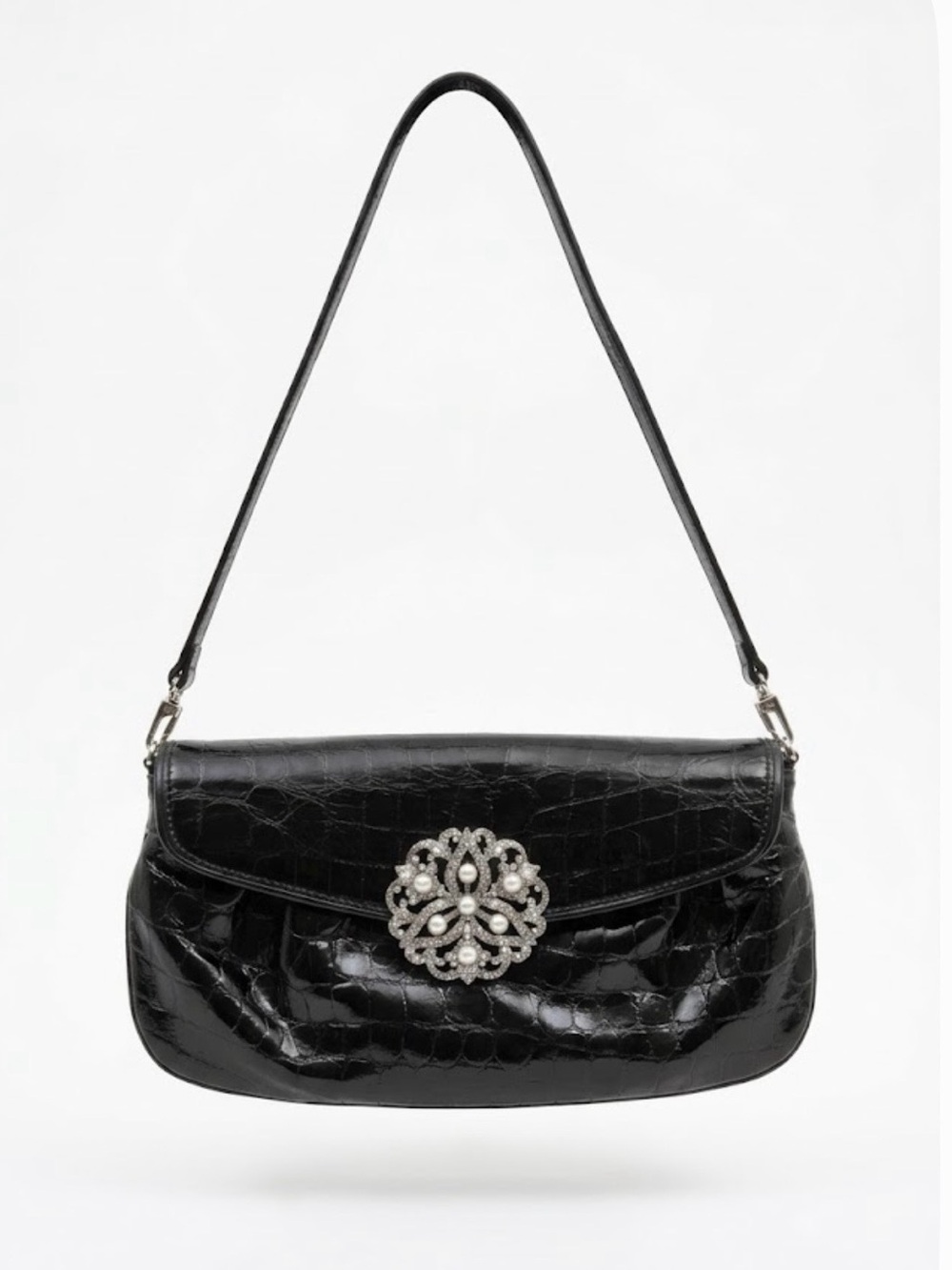 Brighton Black Croc-Embossed Patent Leather Shoulder Bag with Rhinestone Medalli